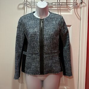 ELIE TAHARI Mixed Media Blue Tweed Side Zipper Women's Moto Jacket Size 2